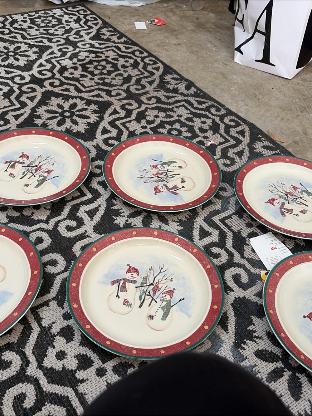 Festive Snowman Dinner Plates - Red Trim